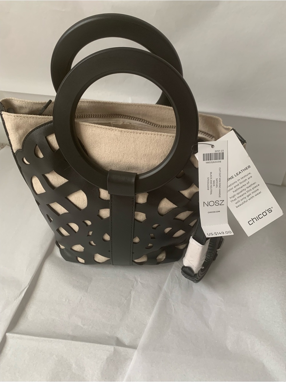 Chico's Black Laser-Cut Tote with Cream Canvas Insert
